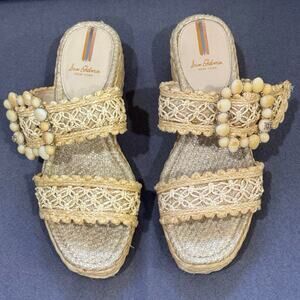 Sam Edelman Wedge Sandals Sz 8.5 Platform Natural Raffia Shell Buckle Beach Boho